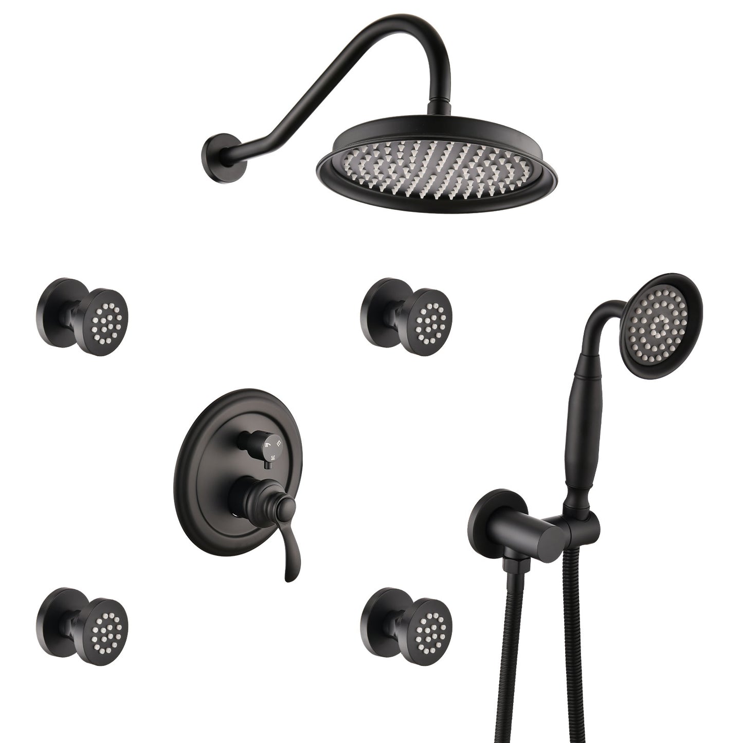 Single-Handle 4-Spray Patterns Bathroom Rain Shower Faucet With Body Jet Handshower In Matte Black  Valve Included