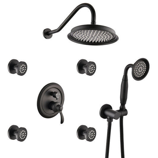 Single-Handle 4-Spray Patterns Bathroom Rain Shower Faucet With Body Jet Handshower In Matte Black  Valve Included