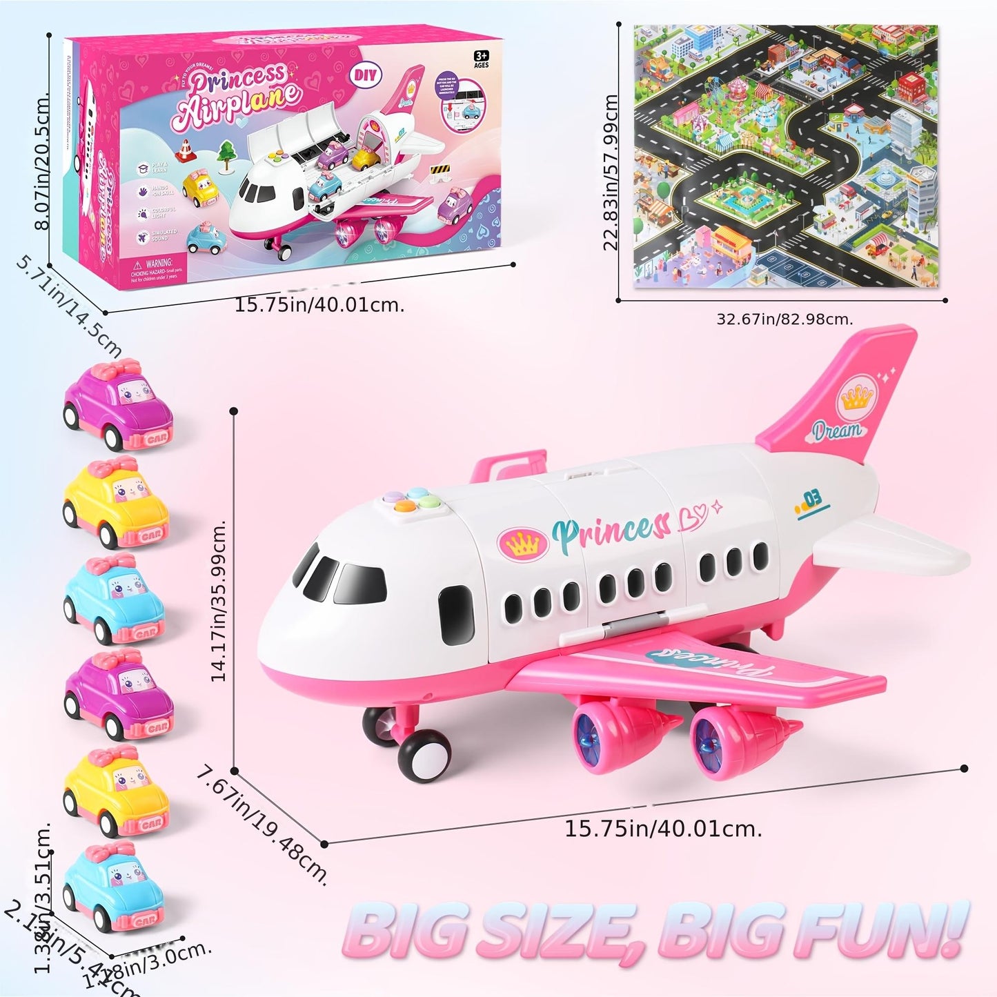Princess Airplane Toy Set  Includes Airplane, Princess Car, Road Signs, And Road Barriers  Birthday & Christmas Gift Suitable For Girls