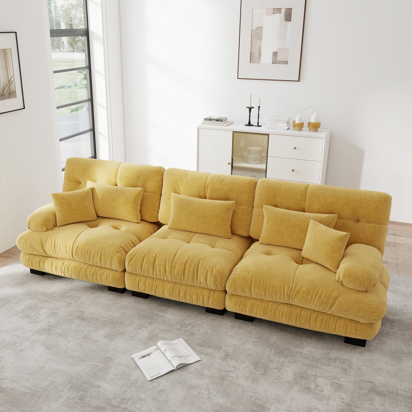 3 Seater Modular Corner Sofa With Deep Seat, Chenille Sofa Bed Comfortable Upholstered For Living Room, Apartment, Studio, Office,Yellow
