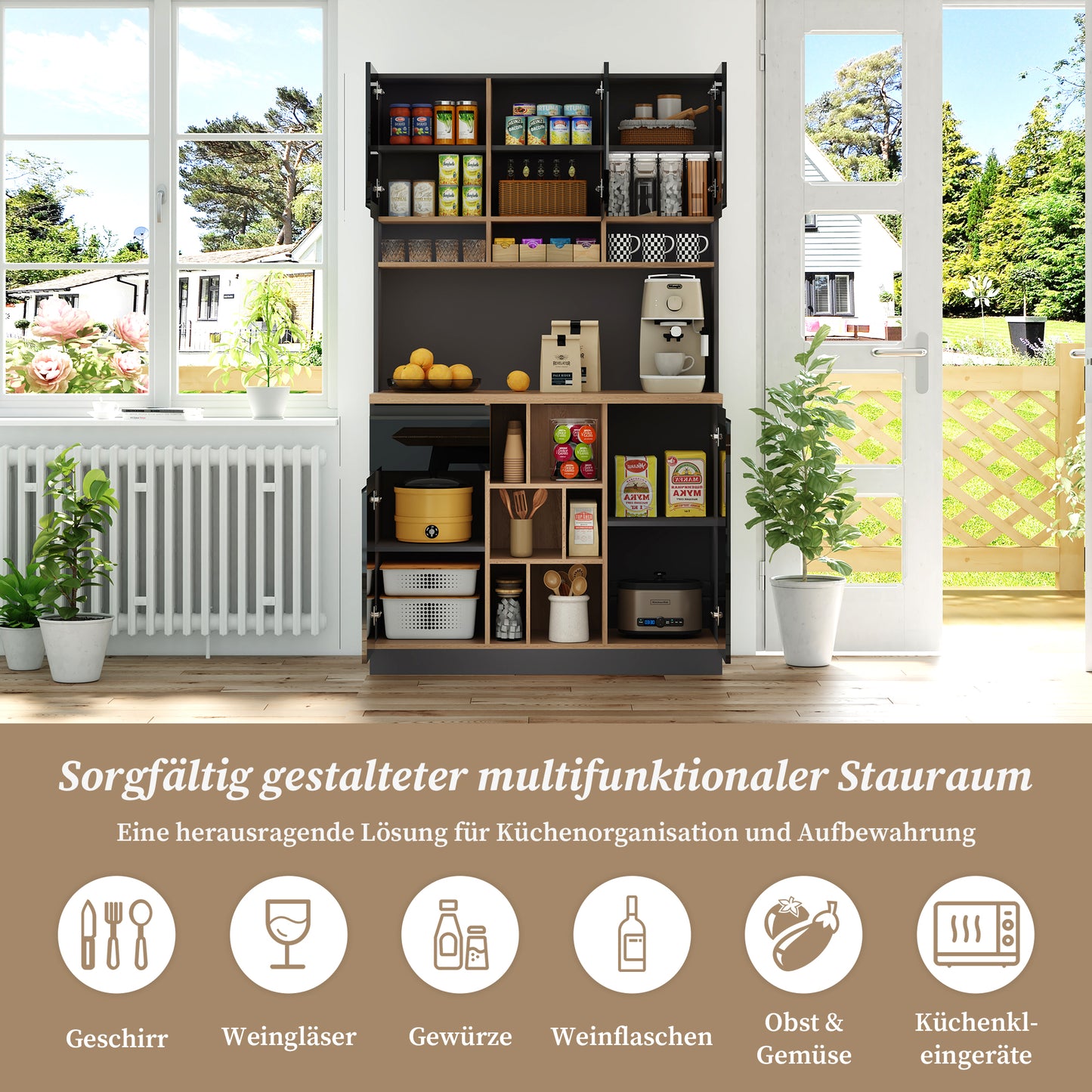105x45x185cm, Modern Kitchen Cabinet, Buffet, Sideboard, Grey And Black, Metal Handles, Adjustable Shelves, Drawers, Open Storage, Anti-Tilt Accessories, Suitable For Kitchen, Living Room And Bedroom