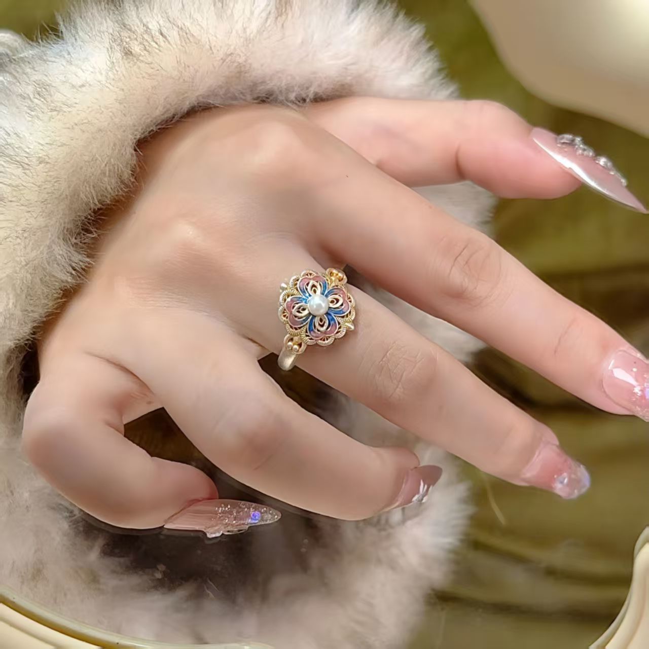 Gilded Floral Intangible Cultural Heritage Filigree Ring, Royal Blue Enamel Retro Open Ring, Skin-flattering, Fade Resistant, Best Gift