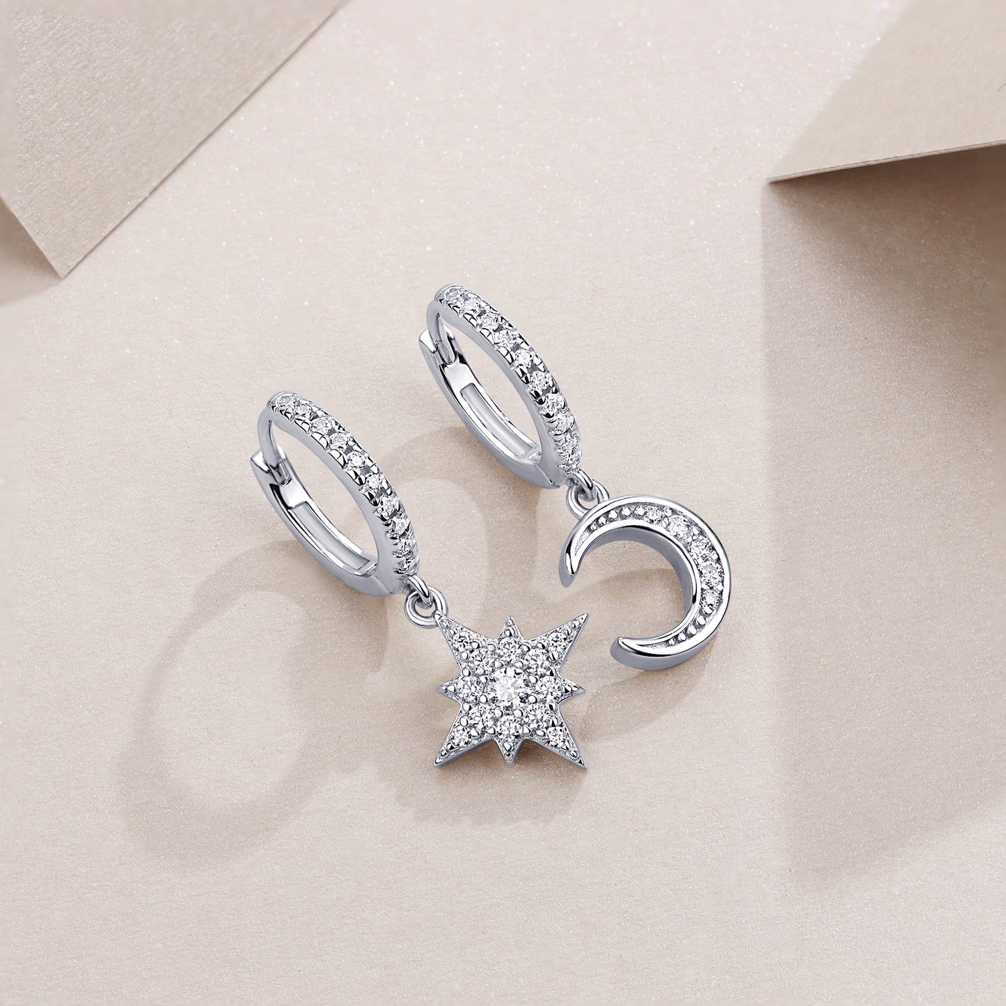 S925 Sterling Silver Star And Moon Huggie Drop Earrings, D-VVS1 Moissanite, Platinum Plated 4.2g Women's Celestial Jewelry Gift Box