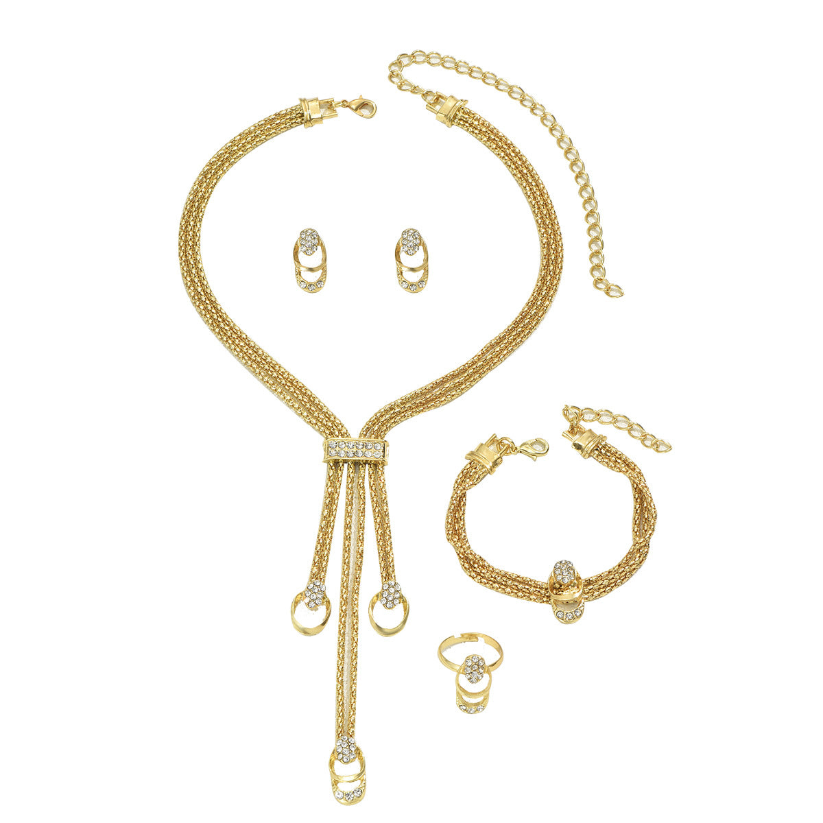Cross-border New Minimal Delicate Women Jewelry Set, Inlaid Cubic Zirconia Long Clavicle Necklace, Matching Earrings & Index Finger Ring, Niche Versatile Daily Accessories