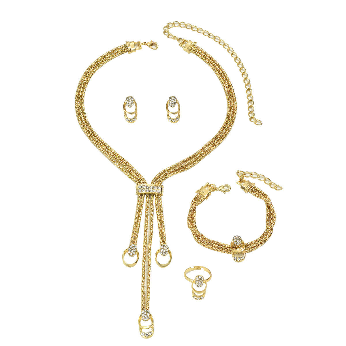 Cross-border New Minimal Delicate Women Jewelry Set, Inlaid Cubic Zirconia Long Clavicle Necklace, Matching Earrings & Index Finger Ring, Niche Versatile Daily Accessories