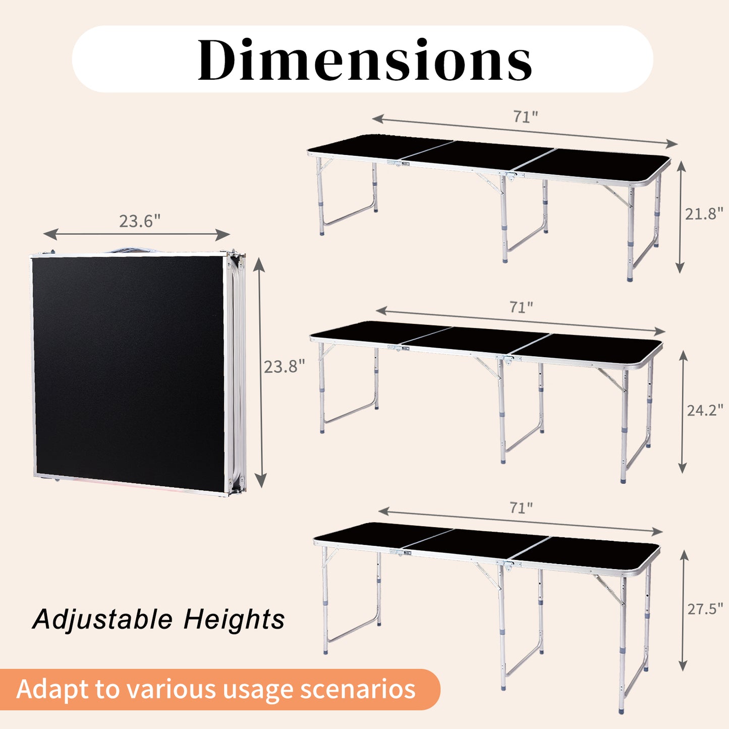 6ft 180-60cm Aluminum Alloy 3-Fold Portable Folding Table, Adjustable Height Outdoor Camping Picnic Dining Desk