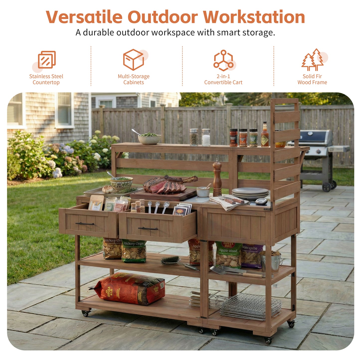 With Assembly Video  TOPMAx 62.3  Patio Kitchen Island Solid Wood Kitchen Cart With Stainless Table Top  Garden Potting Bench With Raised Shelf And Drawers  Grill Prep Table For BBQ  Party  Brown