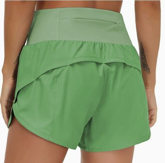 High Waisted Women's Athletic Running Shorts, Fake Two-Piece Yoga Shorts With Zipper Pockets
