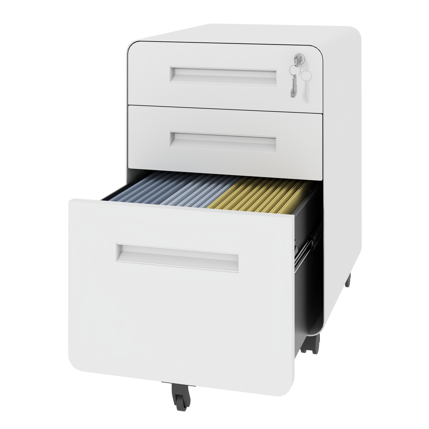 3-Drawer Wide Mobile File Cabinet With Lock, All-Steel Metal Storage Cabinet On Casters, For Home & Office,White, Fully Assembled, Holds A4 Letter Files, 110lbs Drawer
