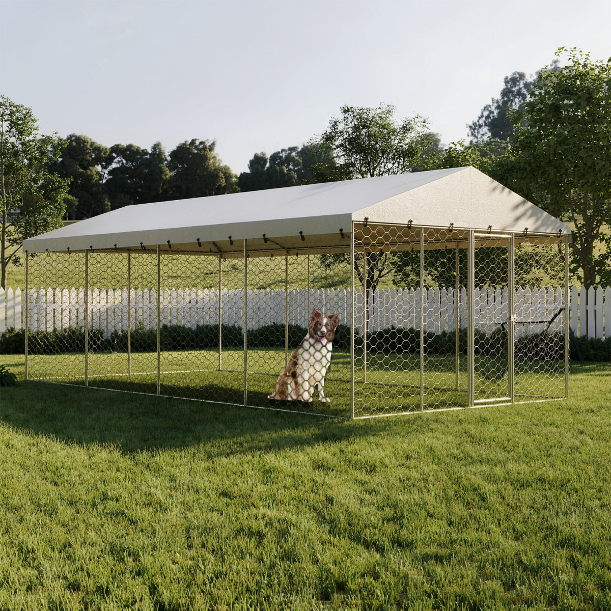 10x20 FT Large Outdoor Dog Kennel with Canopy, Heavy Duty Galvanized Steel Frame, Waterproof Cover, All-Weather Protection, Escape-Proof Lockable Pet Playpen for Large Dogs, Multiple Animals.