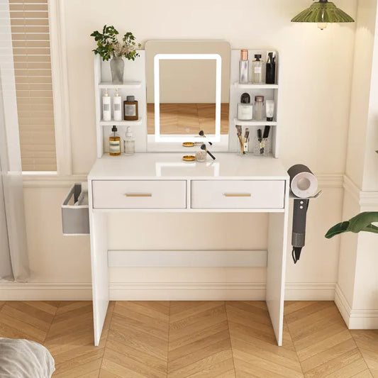 LED Mirror Vanity Dressing Table With Lights For Women & Girls - 3-Color Adjustable Light Strips, 2 Large Drawers, Hair Dryer Stand & Non-Woven Storage Bag, Makeup Desk Bedroom Furniture