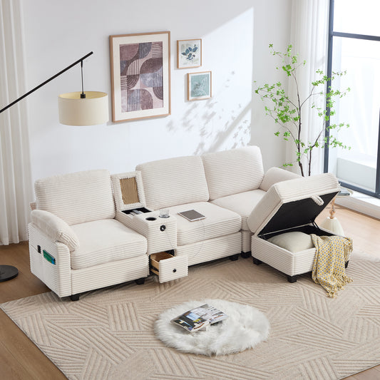 Large Corduroy Sofa With Comfort Foam. Equipment Removable Center Console  2 Cup Holders  Storage Space , USB-C Port, Side Pocket, Storage Drawer, Movable Storage Ottoman. For Comfort And Function.