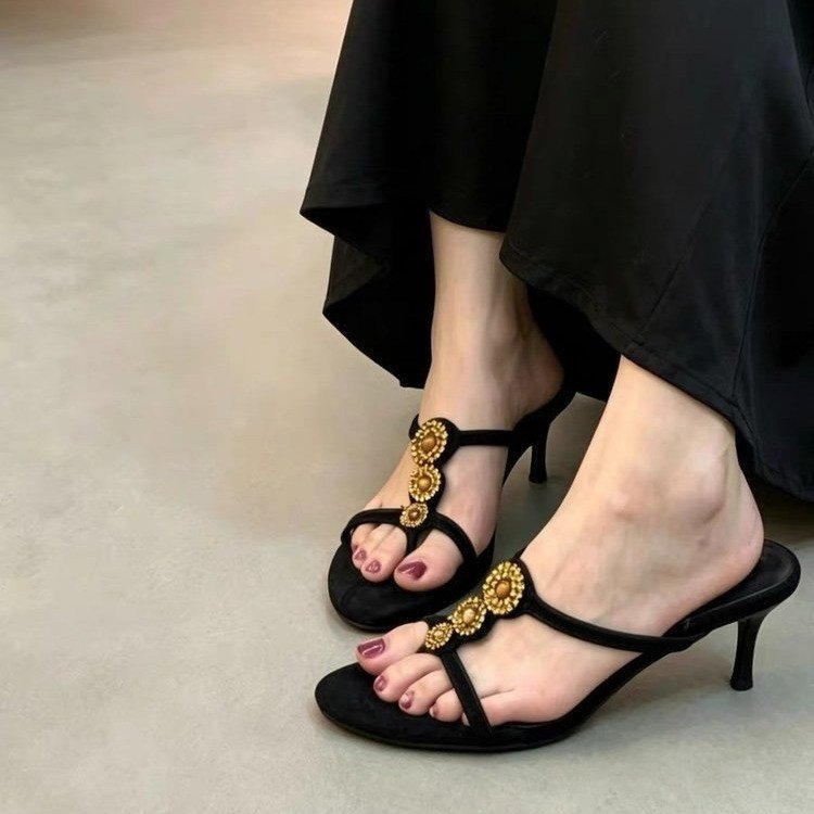 2026 New Faux Suede Summer Thong Sandals, Rhinestone Decor Slip-on Fashion Slippers For Women
