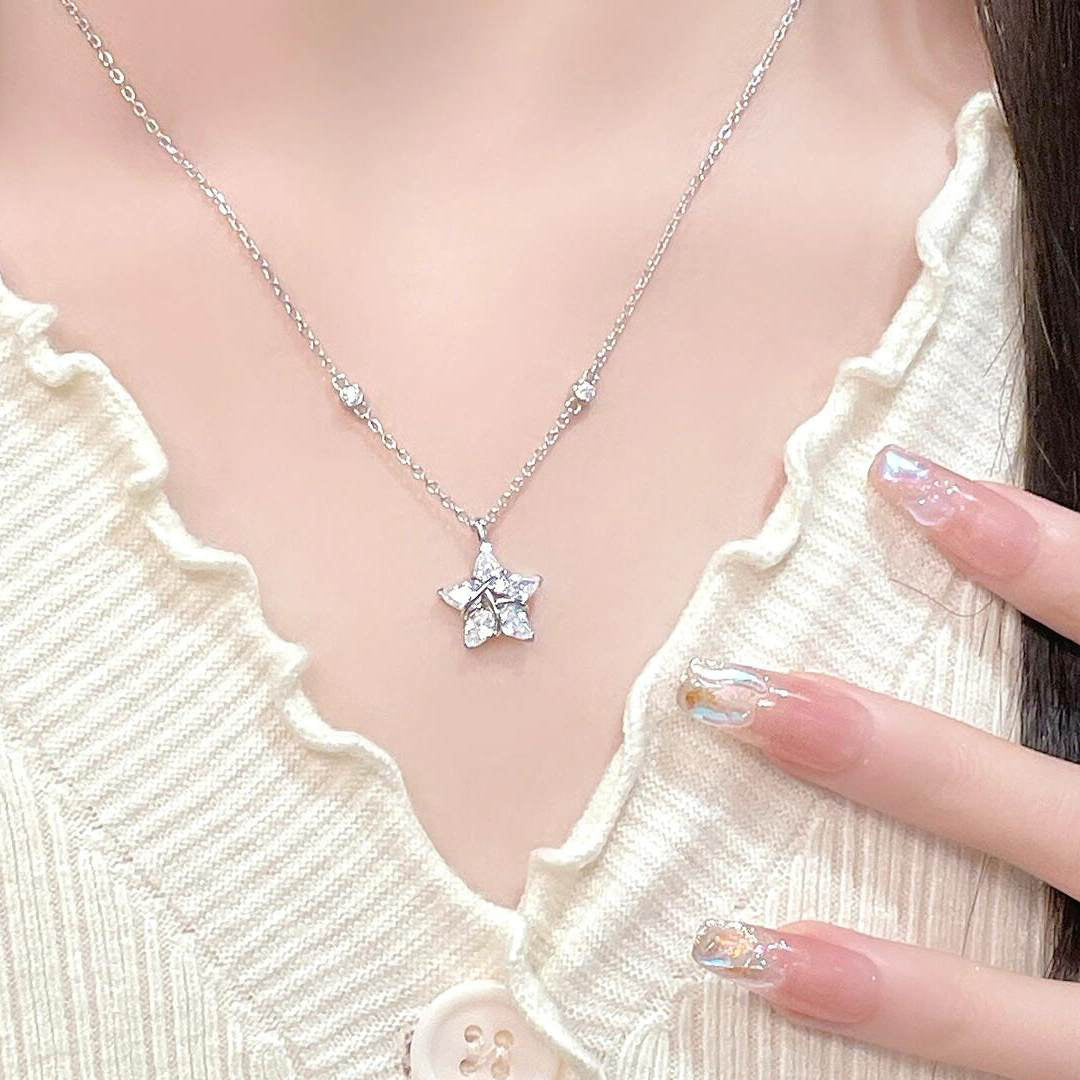 1pc 999 Sterling Silver Diamond Star Pendant Necklace, Delicate Luxurious Style, Perfect For Daily Wear & Valentine's Gifts