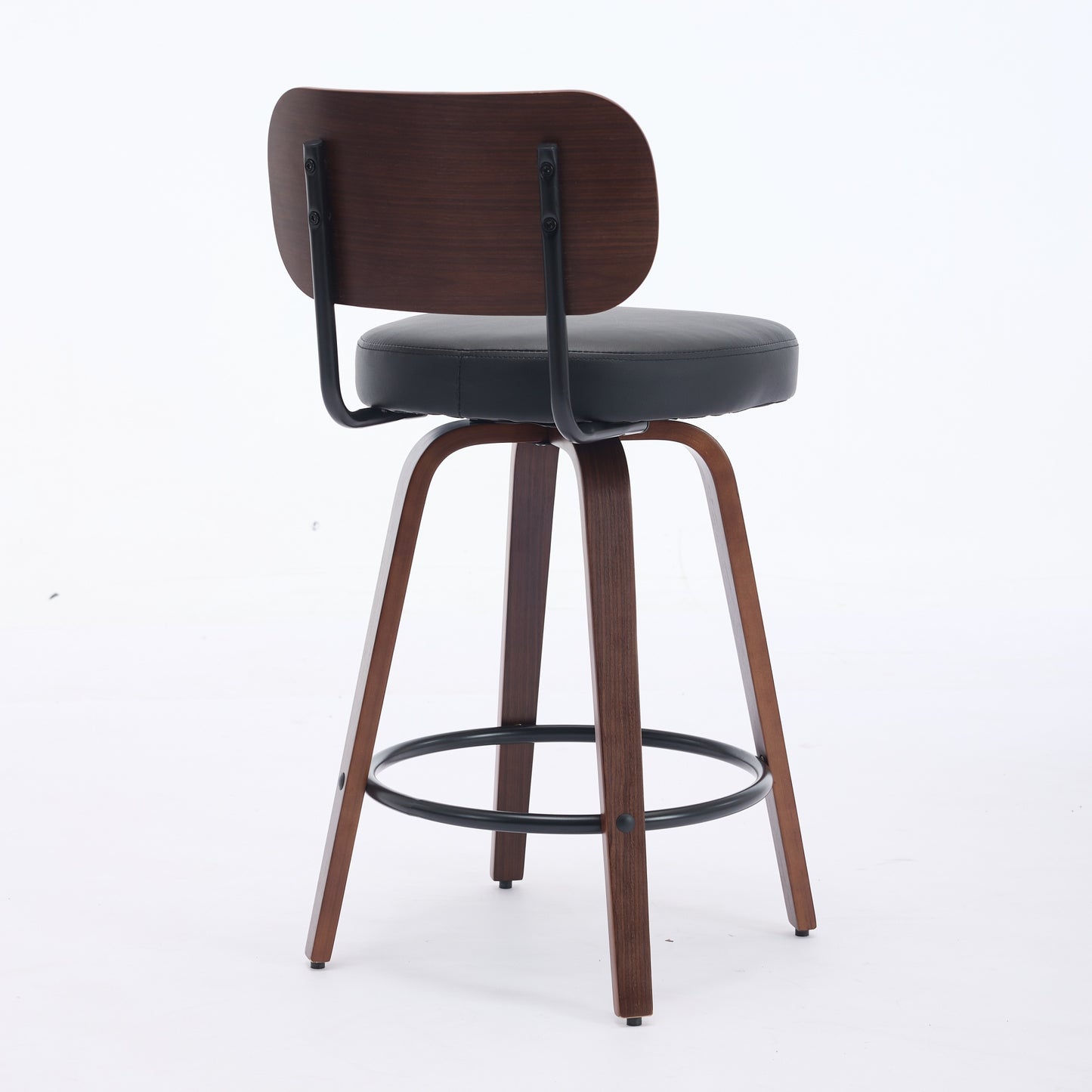 Swivel Bar Stools Set Of 2, 26  Upholstered Faux Leather Counter Height Barstools With Walnut Back & Bentwood Legs, Mid Century Modern Bar Chairs Island Stools For Kitchen Counter, Black PU, SW1864BK