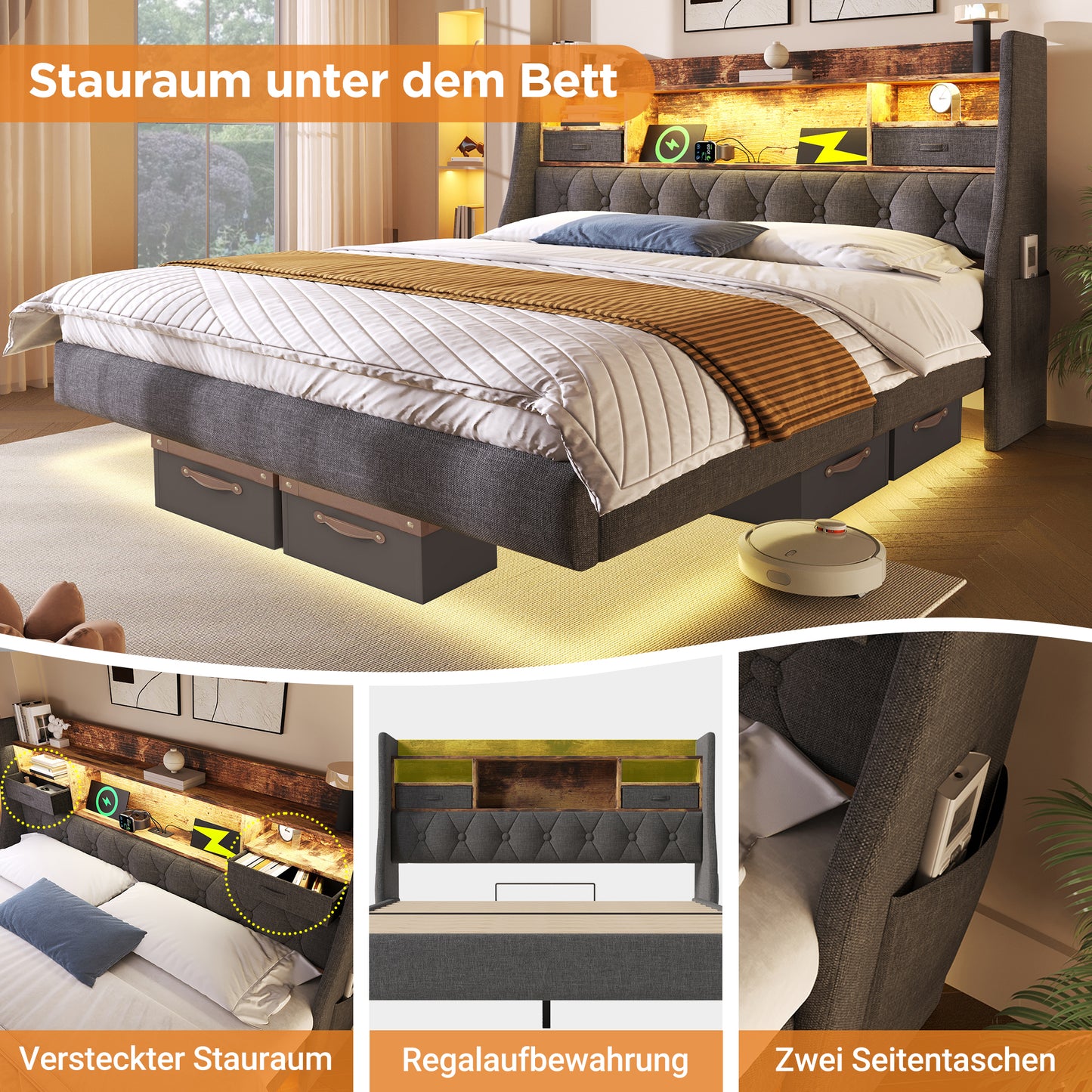 Upholstered Bed 160x200 Cm Floating Bed With LED Lighting, Headboard And Charging Station 1 Type-C, 3 USB Ports , Modern Double Bed With Storage Headboard And Slatted Base, Linen, Grey Without Mattres
