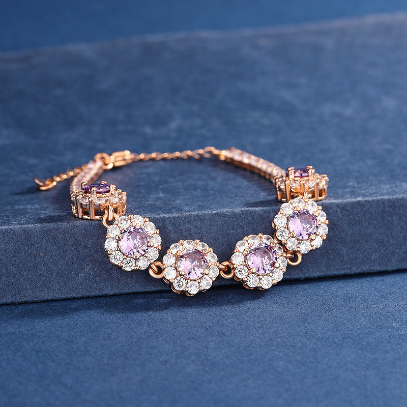 Purple Round Zircon Bracelet Sweet Cool Style Luxury Bangle Niche Exquisite Premium Wrist Jewelry For Women