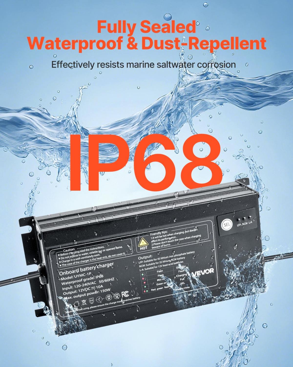 1-Bank 10A 12V Smart Marine Battery Charger Onboard IP68 Waterproof Boat RV