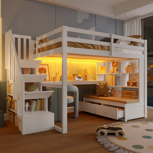 140x200 Loft Bed With Desk And Shelves, Two Integrated Drawers, Storage Staircase, White