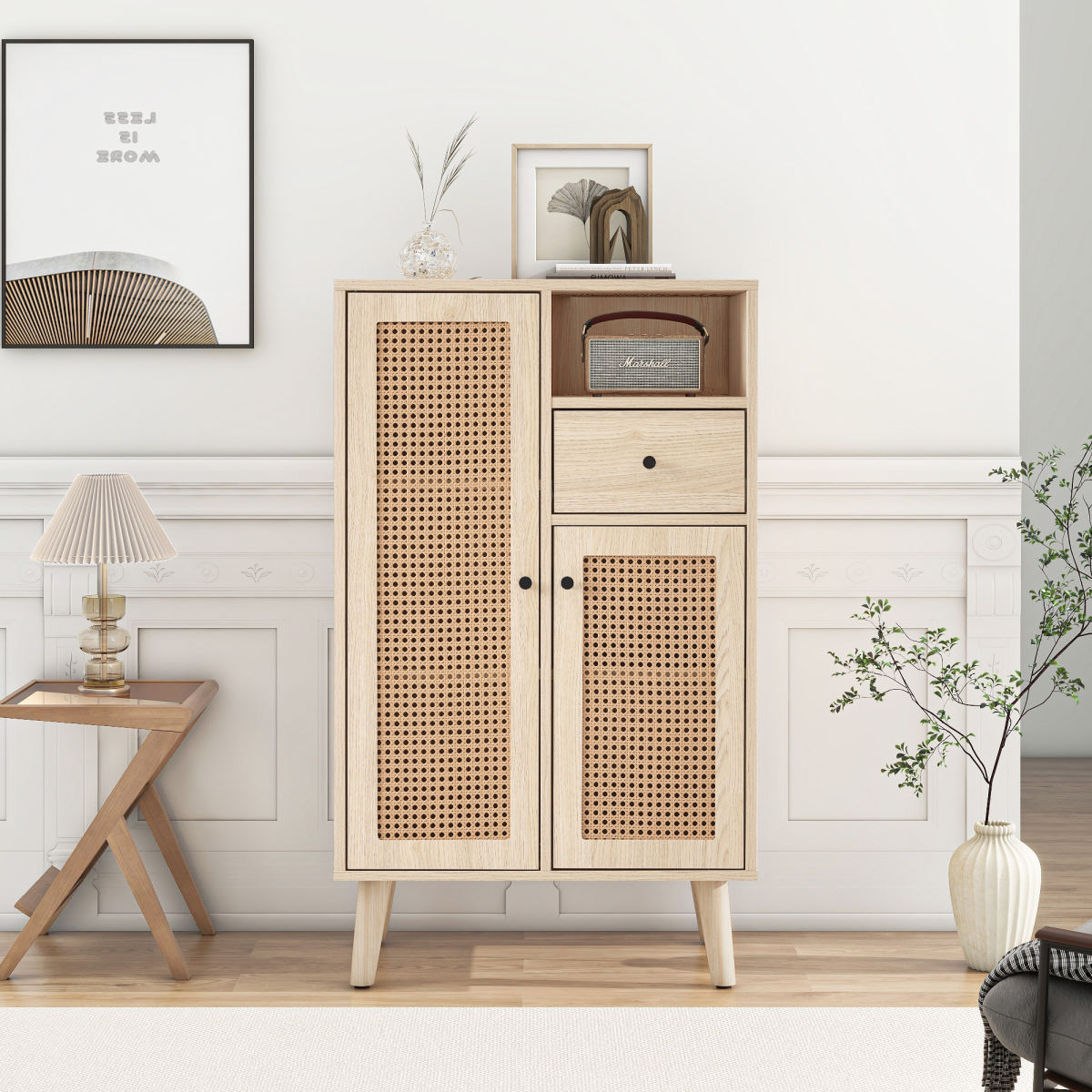 Sideboard In Wood Look, 2 Rattan Doors, 1 Drawer, Corner Cabinet, Chest Of Drawers, Standing Cabinet Storage Cabinet Sideboard With Large Storage Space, 60x40x101c