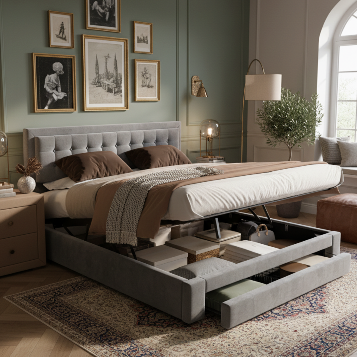 Bed With Box And Drawers, Velvet Fabric, Upholstered Bed, Slatted Base, Double Bed, Large Storage Space, 180 X 200, Grey