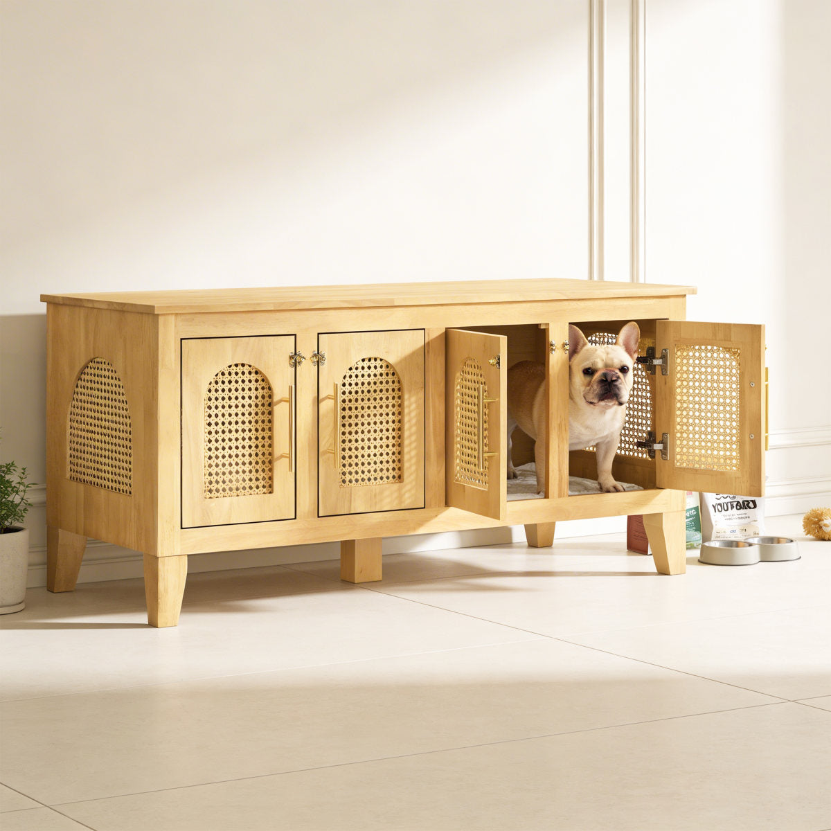 Lars Indoor Rattan Decorated Rubber Wood Dog Crate Cabinet -Stylish Pet Kennel With Storage & 4 Doors For Living Room