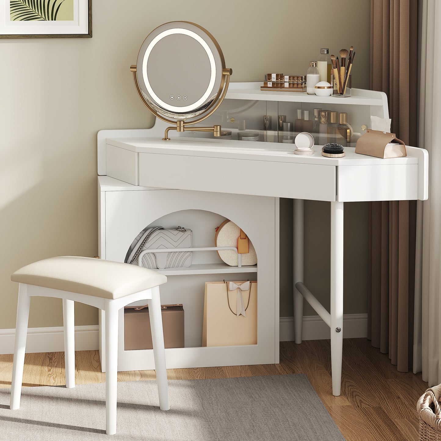 Corner Makeup Vanity Desk With Mirror & LED Lights, Modern Vanity Set With Mirror And Stool, Dressing Table With Large Storage For Small Place, Brightness Adjustable Folding Mirror, White