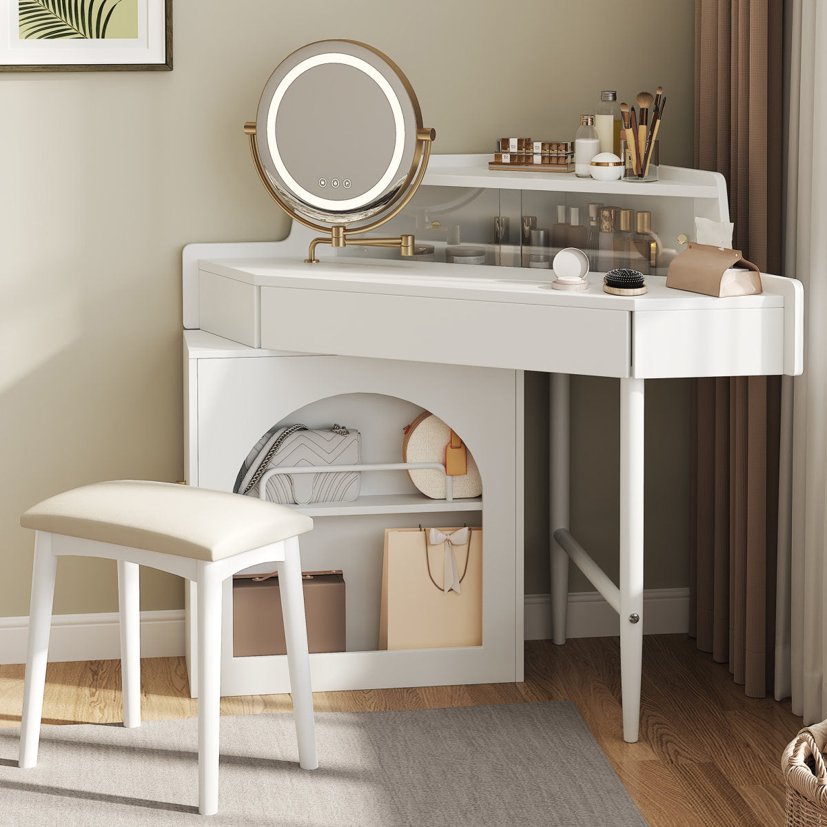 Corner Makeup Vanity Desk With Mirror & LED Lights, Modern Vanity Set With Mirror And Stool, Dressing Table With Large Storage For Small Place, Brightness Adjustable Folding Mirror, White