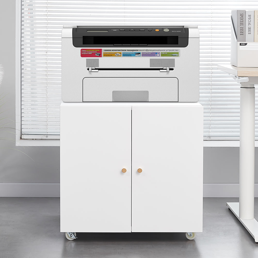 White Metal Mobile Printer Cabinet With Door And Adjustable Shelf, Rolling File Cabinet For Home Office & Small Spaces