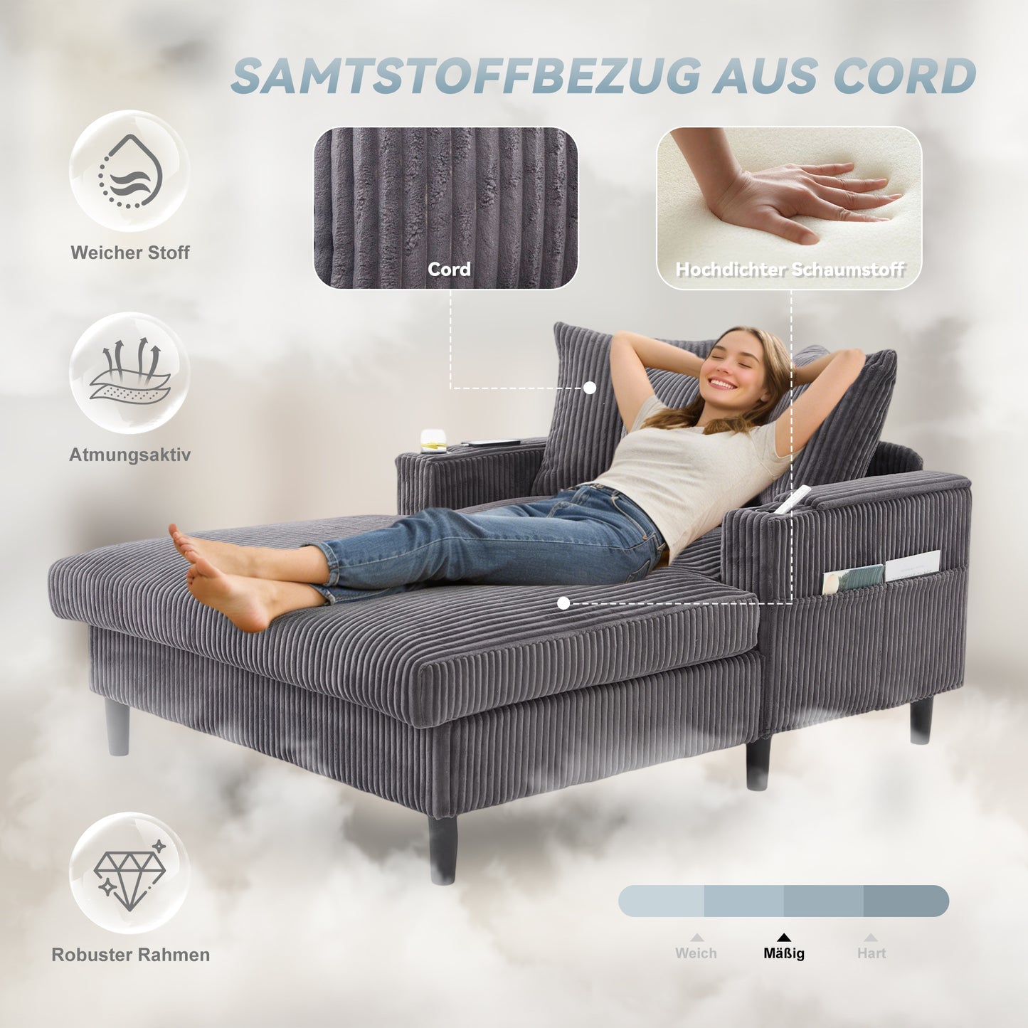 Multifunctional Corduroy Lounge With Chaise Longue With Large Lying Surface, Cup Holders On Both Sides, LED Lighting, Side Pocket, Storage Space, USB Charging Port, Sturdy Plastic Feet  Versatile.