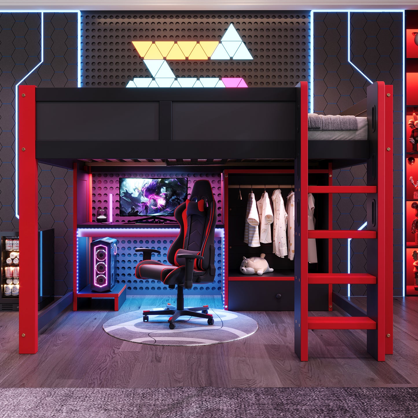 Loft Bed, 140x200 Cm, With LED Lighting, Gaming Bed With Desk, Desk, Ladder, Wardrobe, Large Drawers, Mattress Not Included, Black  Red