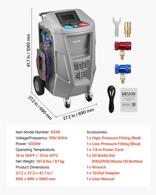 Fully Automatic Refrigerant Recovery Machine For 1234yf, ≥98.5% Accuracy, 7-Inch Touch Screen, AC Recovery, Vacuum, And Recharging Machine For Standard And High Voltage Automotive A/C Systems