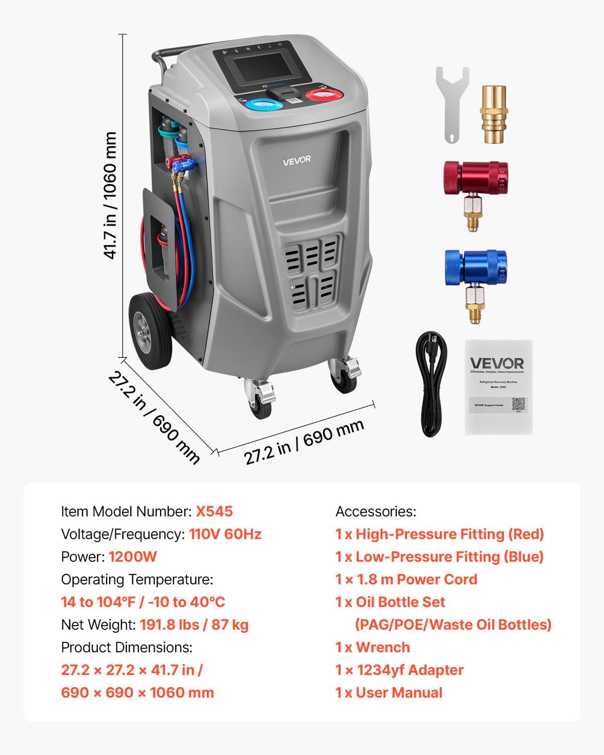 Fully Automatic Refrigerant Recovery Machine For 1234yf, ≥98.5% Accuracy, 7-Inch Touch Screen, AC Recovery, Vacuum, And Recharging Machine For Standard And High Voltage Automotive A/C Systems