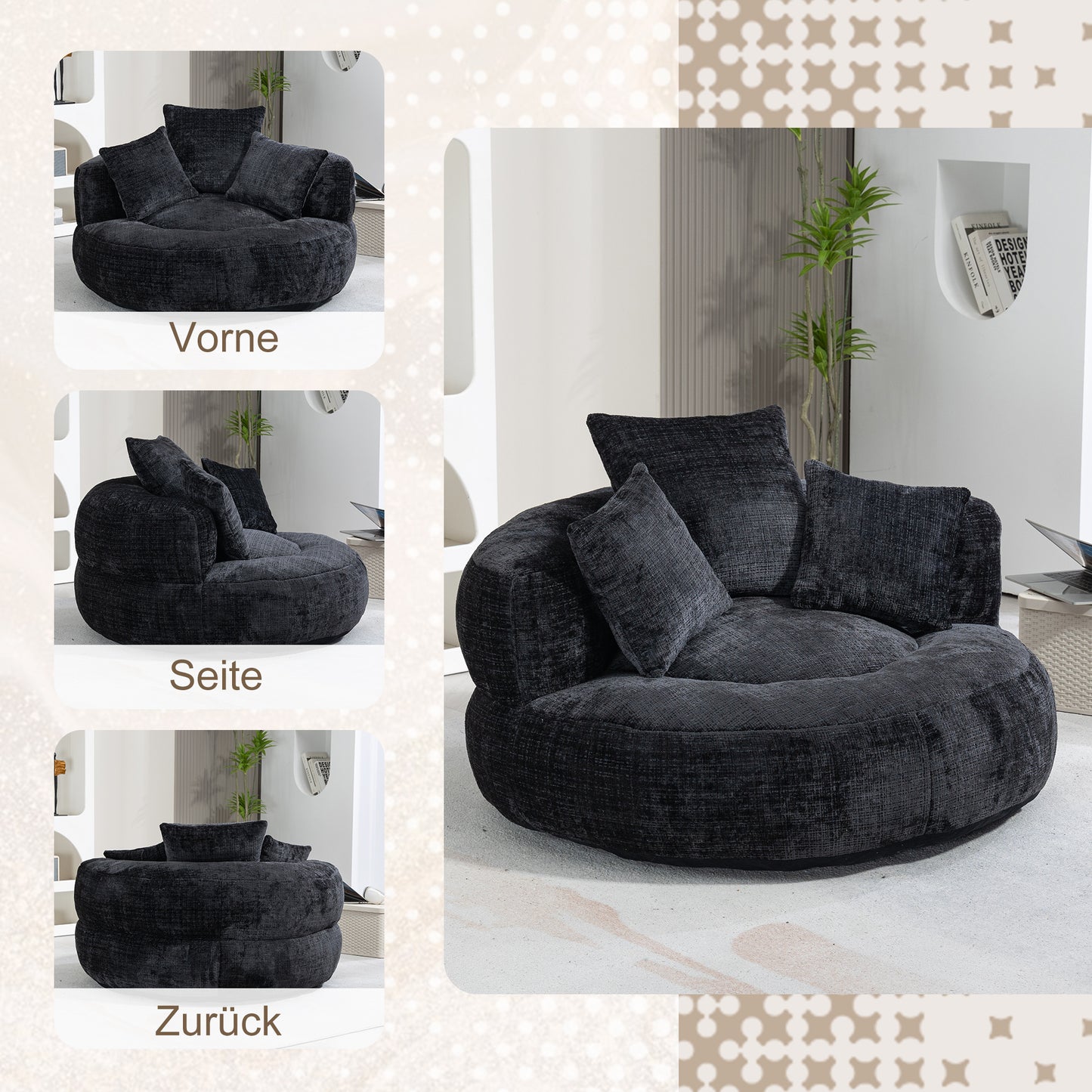 Lazy Sofa Durable Comfort Lounger High Back Bean Bag Chair Couch With Three Cushions For Adults And Kids, Indoor & Outdoor, Single Gaming Sofa Chair For Bedroom, Office  Black Chenille
