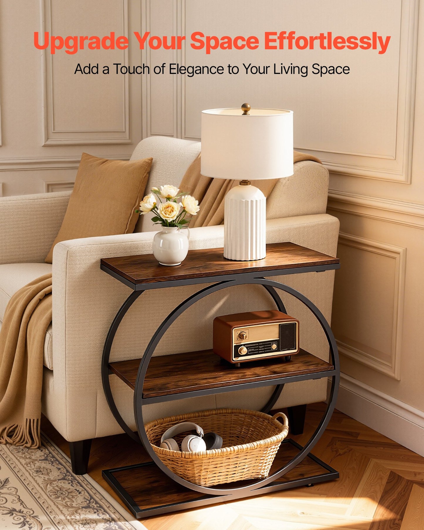 End Table, 3-Tier Narrow Side Table With Open Storage Shelves, Modern Nightstand Bedside Desk With Round Metal Frame, Wood Sofa Coffee Desk For Living Room, Bedroom, Office, Rustic Brown