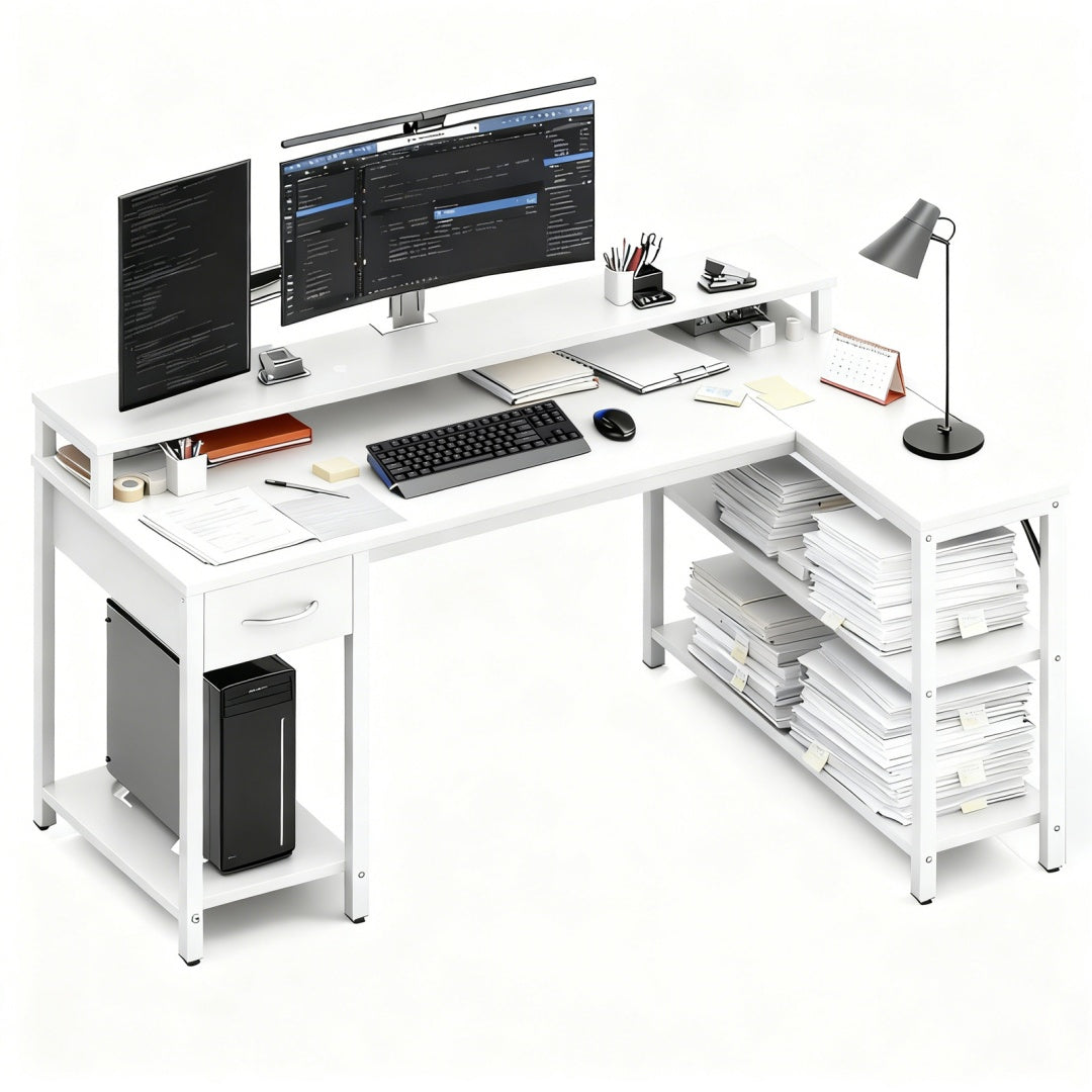 53-inch Gaming Table With USB Charging Port And LED Light, Reversible L-shaped Table With Power Socket And Monitor Stand