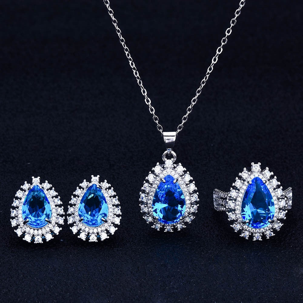 New Luxury European And American Style Gemstone Set For Women, Princess Diana Style Royal Blue Teardrop Pear-Shaped Micro-Encrusted Ring, Earrings, And Necklace