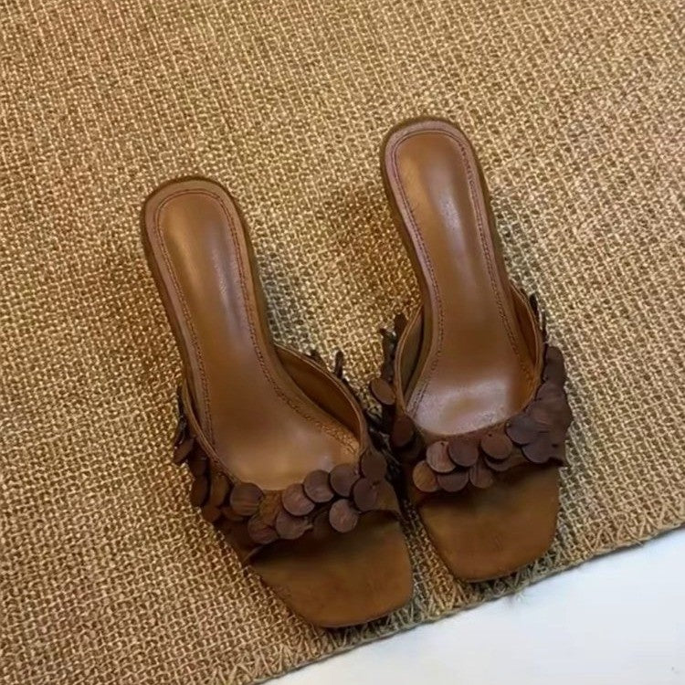 2026 New Women French Scale Texture Square Toe Stiletto Mules, Vintage One Strap Slide Sandals, Outdoor High Heel Slippers