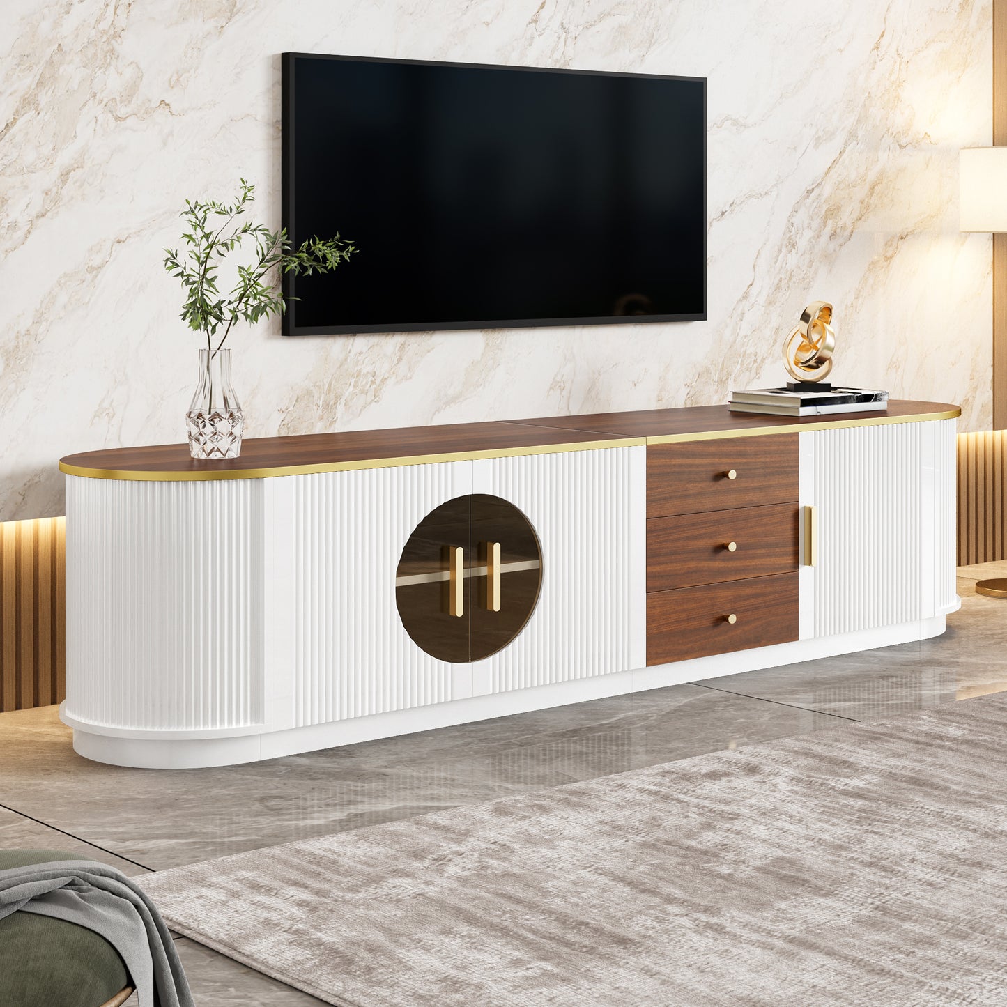 Luxury Style TV Cabinet, Lowboard, Amber Glass, MDF Body, Aluminum Handles, Rounded Edges, Vertical Groove Look