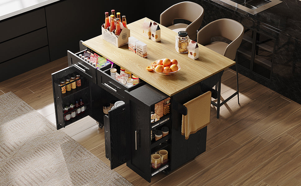 Modern Kitchen Island, Kitchen Cabinet, Buffet Cabinet, Wood-Grain Dining Cart, Multifunctional Dining Table With Storage Space, Dining Cart With Snack Shelves And Stretch Function Cabinets, Black
