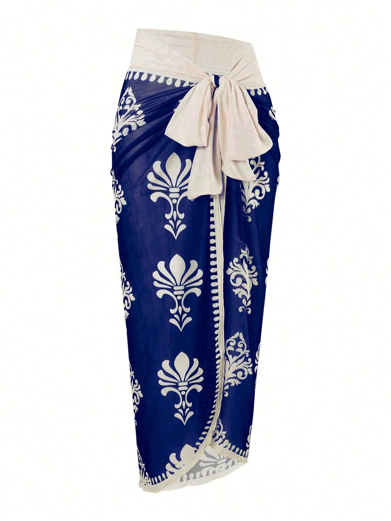 2026 New 2-Piece Swimsuit Set, Blue Floral Print One-Piece + Wrap Skirt Cover-Up