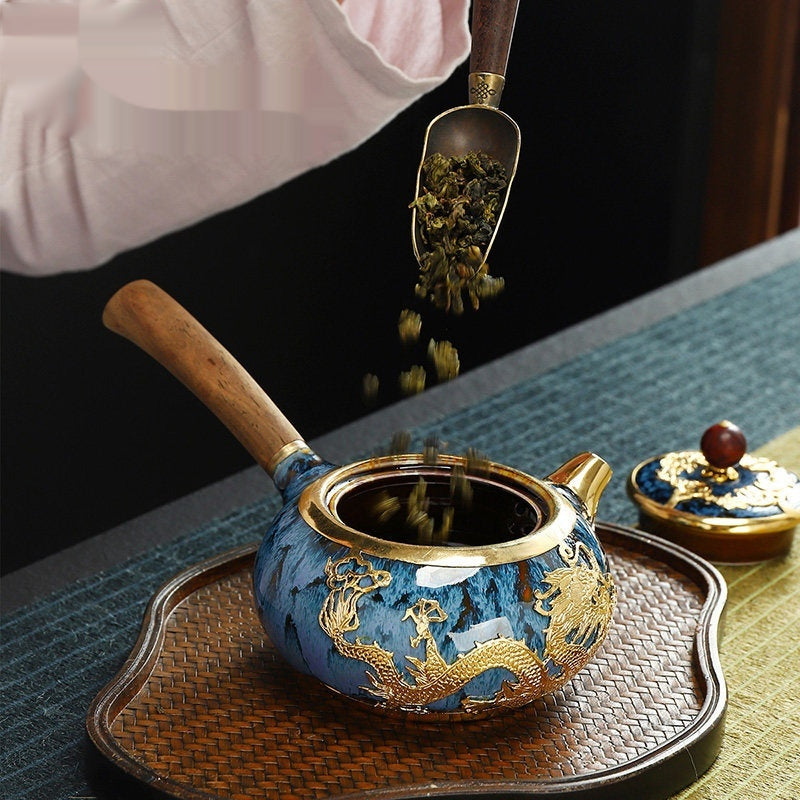 Gold-inlaid Jade Purely Handcrafted Gold-trimmed Gongfu Tea Set Ceramic Teapot For Brewing Tea Single Pot