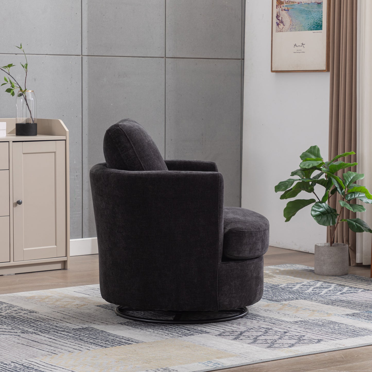 31.9 W Chenille Swivel Accent Barrel Chair And Comfy Round Accent Sofa Chair For Living Room, 360 Degree Club Chair, Leisure Arm Chair For Nursery Bedroom Living Room Lounge Hotel Office  Black