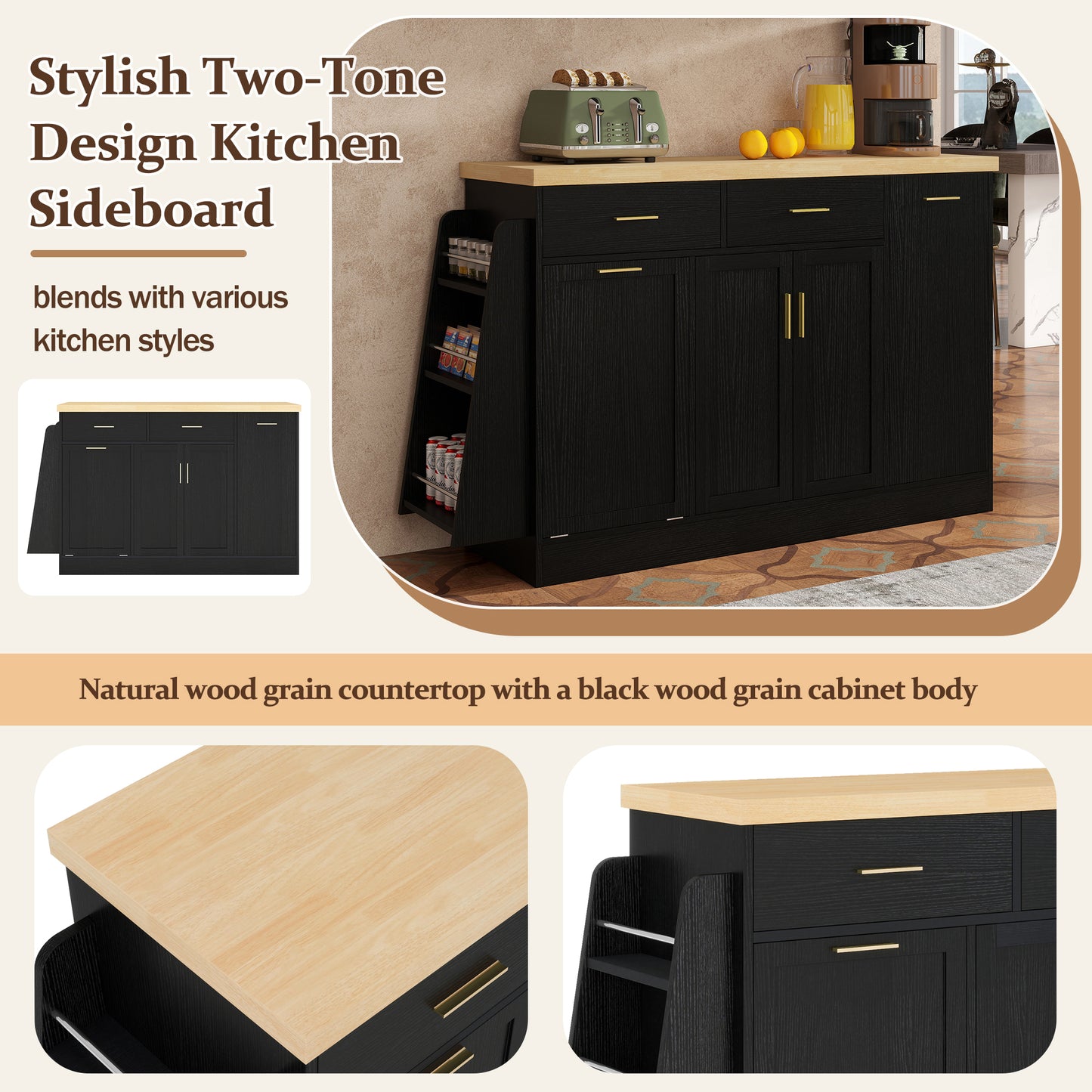 TREXM Multi-Functional Storage Sideboard  Trash Can Storage  Sliding Door Cabinet & 3-Tier Spice Rack Kitchen Island Table For Kitchen  Dining Room  Black