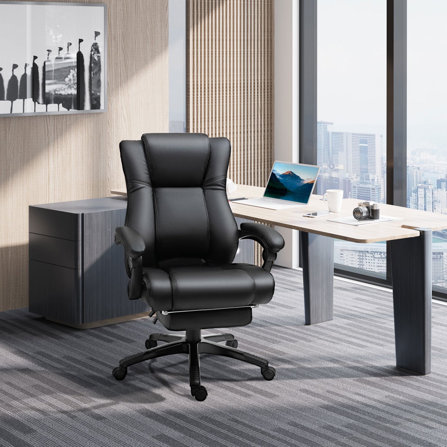 Vinsetto Executive Office Chair For Home, PU Leather Computer Chair, Swivel Desk Chair With Footrest, Wheels, Adjustable Height, Black