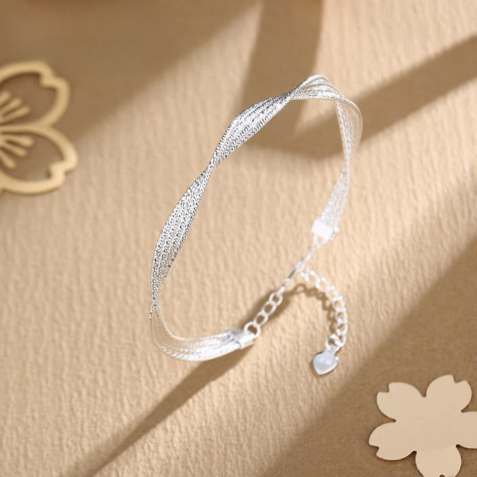1pc 999.9 Sterling Silver Twisted Mesh Bangle, Luxurious Minimalist Style, Perfect For Daily Wear & Valentine's Gifts