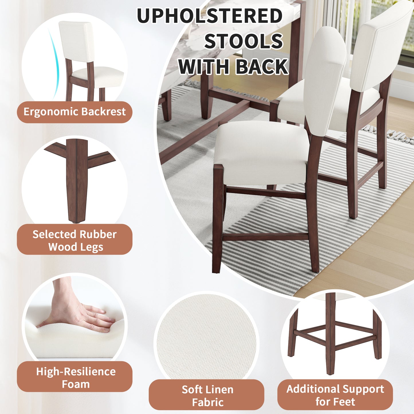 Mid Century Modern Bar Stools Set Of 2, 40.4  Counter Stools With Back, Linen Upholstered Barstools With Solid Wood Legs Bar Chairs For Kitchen Island Dining Room, Beige