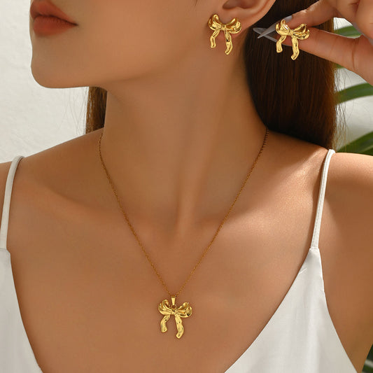 Hot Selling Cross-border European American Women Jewelry Set, Geometric Bow Design Pendant Necklace & Matching Earrings, Versatile Daily Accessories For Ladies