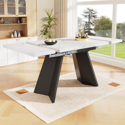Telescopic Dining Table  99-159X74cm , Extendable Dining Table, Space-Saving Kitchen Table, Wide Work Surface, Flexible Design, For Home Office And Living Room, White Table Top With Flat Table Legs