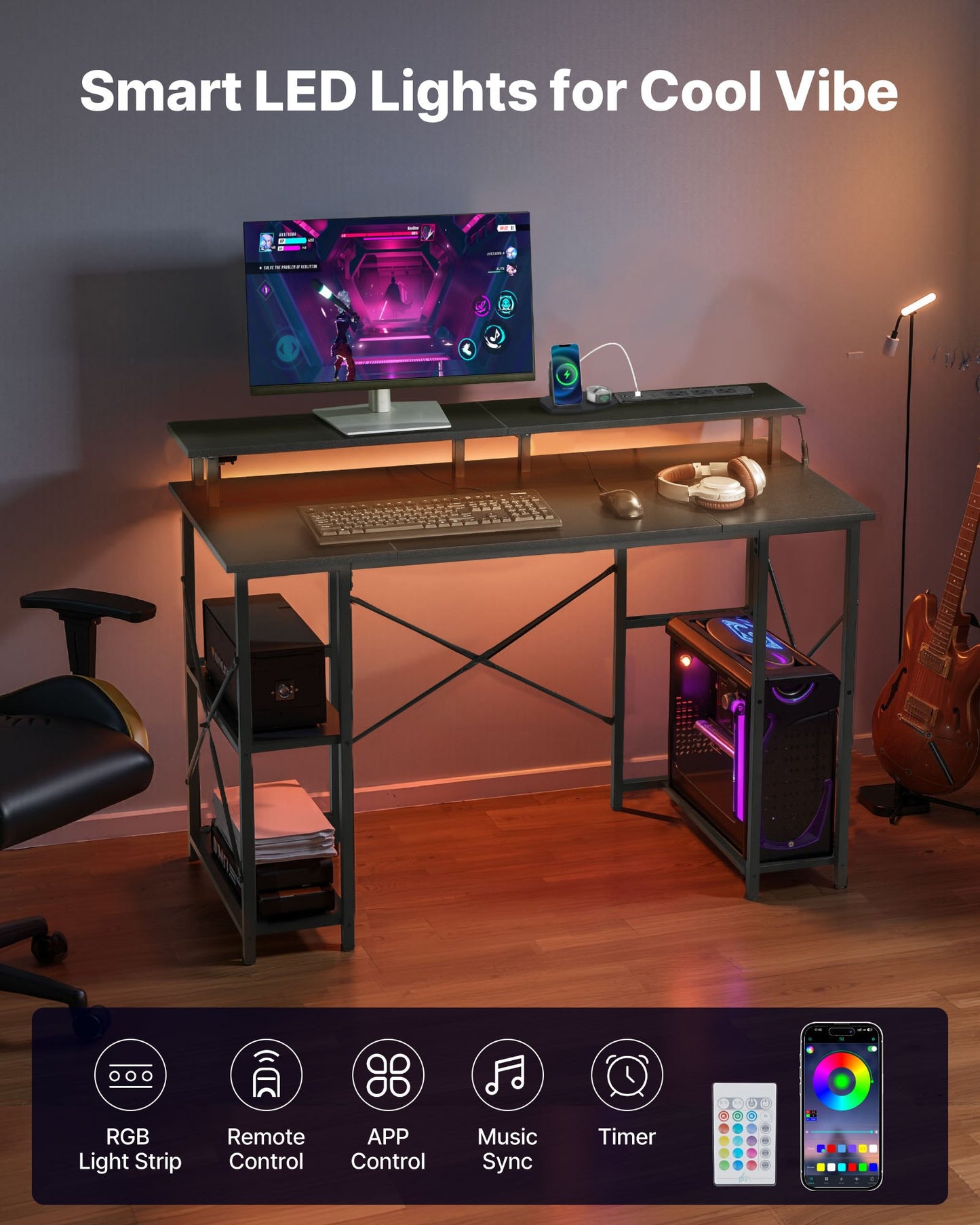 47" Gaming Desk With LED Lights & Power Outlets, Computer Desk With Monitor Stand & 2-Tier Storage Sheves,  Study Work For Home Office, Black